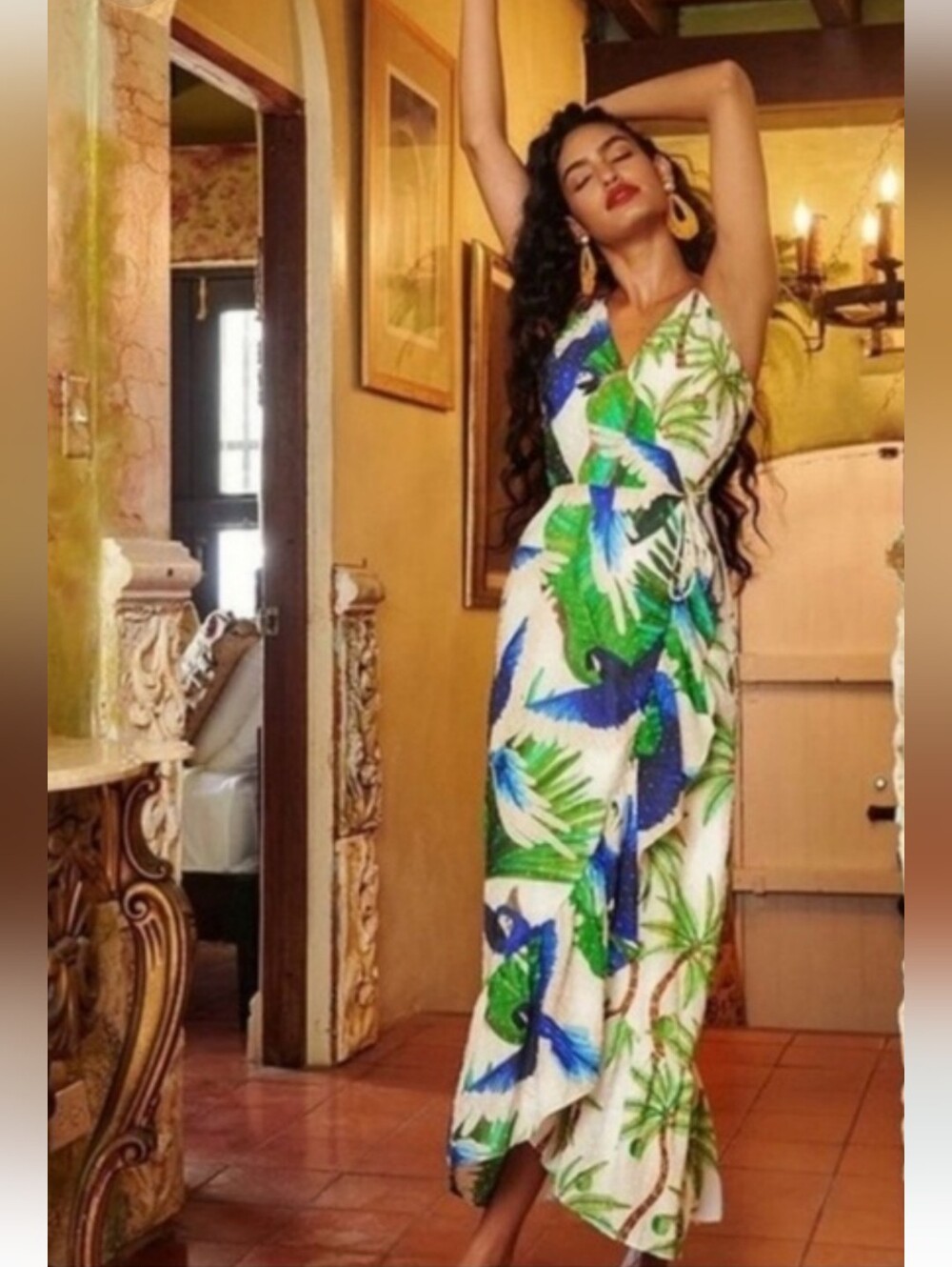 FARM Rio Mixed Palm Wrap Green and Blue Asymmetrical Sundress